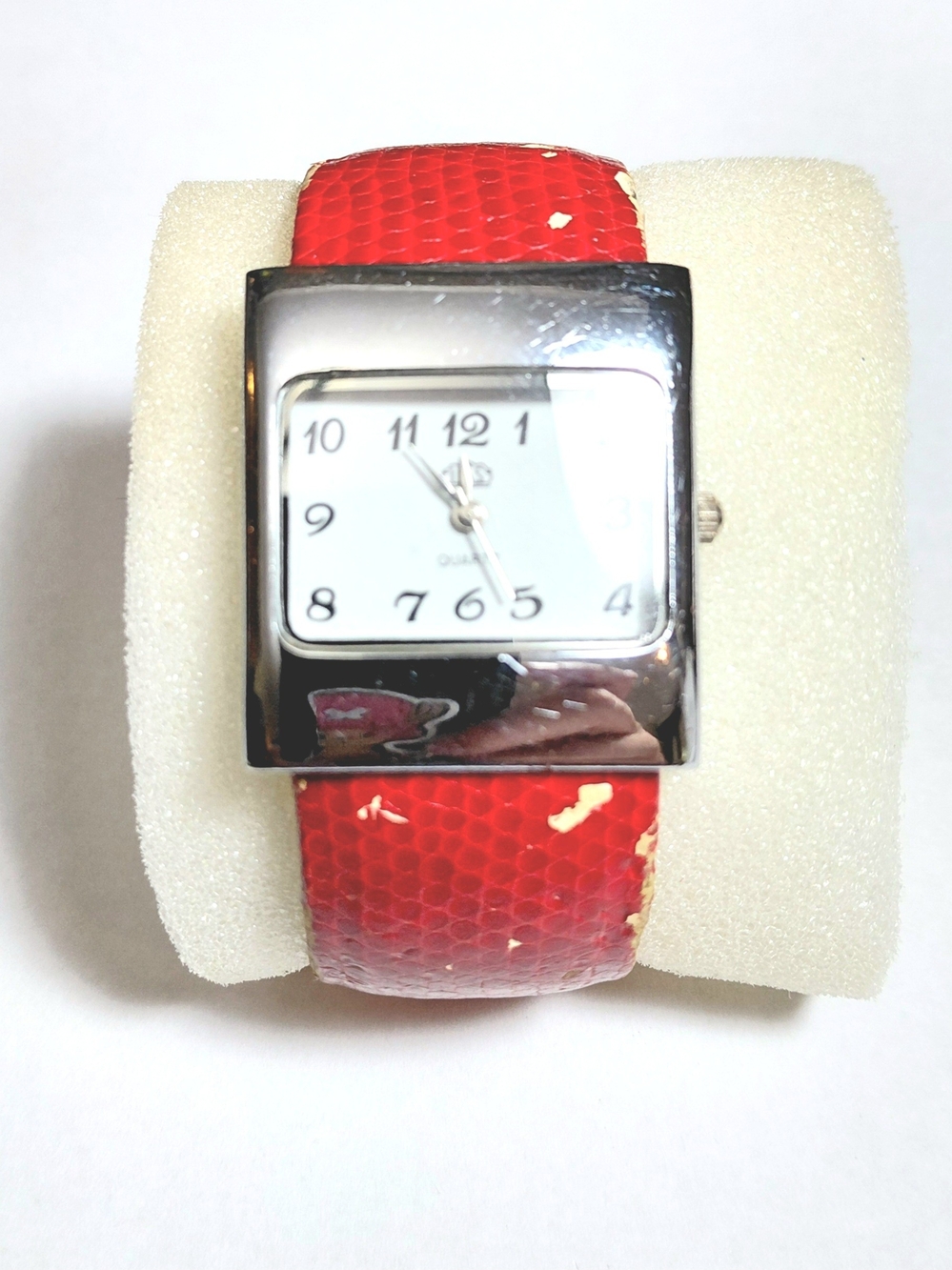 Red Leather-Style Women's Watch with Square Silver Case